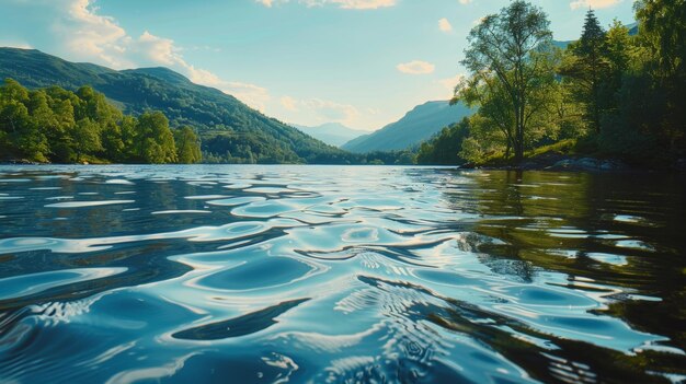 Photo corps d'eau avec des arbres et des montagnes