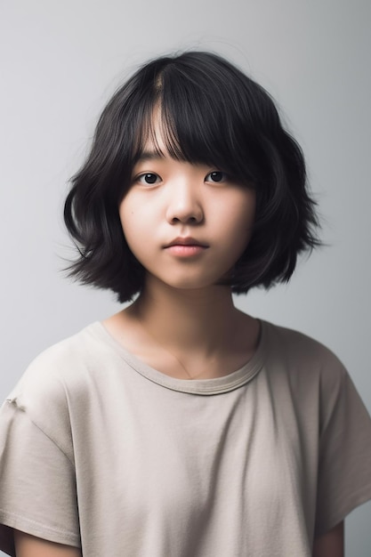 Corps entier d'une adolescente asiatique délicate avec des cheveux courts et deux mèches de cheveux au-dessus de son visage lo