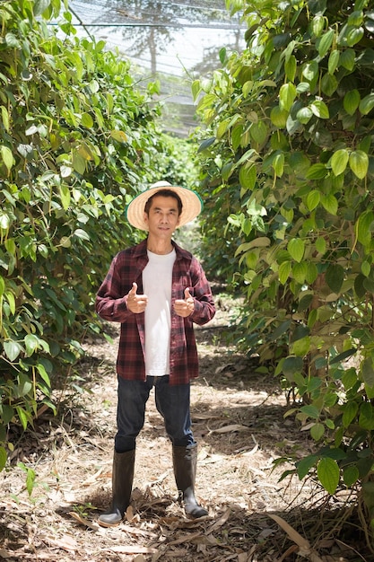 Corps entier Un agriculteur thaïlandais portant une chemise rouge posant le pouce vers le haut dans une ferme