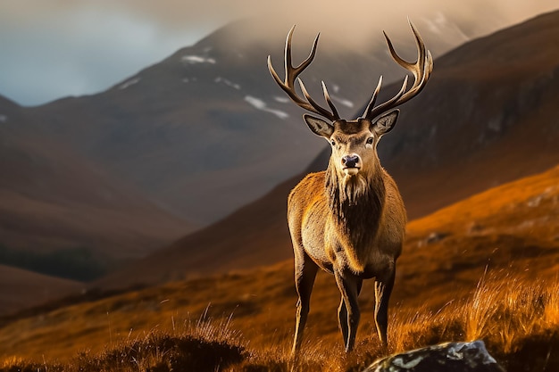 Corps entier du majestueux cerf élaphe dans la forêt Ai généré