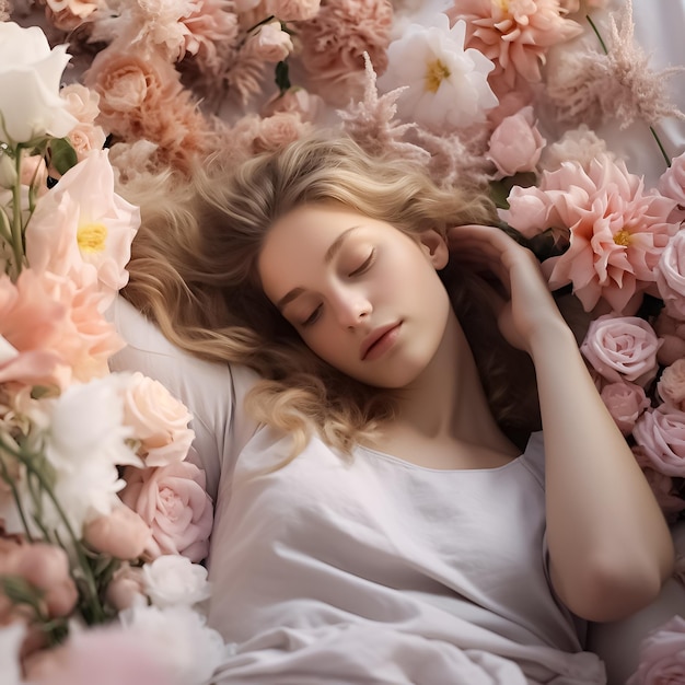 Photo le corps de la femme d'art était dans une composition florale démontrant un visage soyeux parfait et idéal.