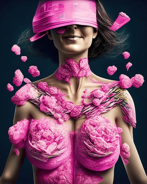 corps de femme avec des rubans roses pour la sensibilisation au cancer du sein