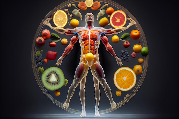 Un corps humain avec différents fruits et légumes en cercle.