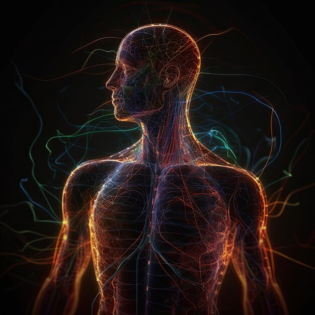 Photo corps humain formé de cellules nerveuses avec des impulsions lumineuses qui se croisent