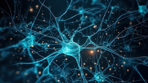 Photo corps humain formé de cellules nerveuses avec des impulsions lumineuses qui se croisent