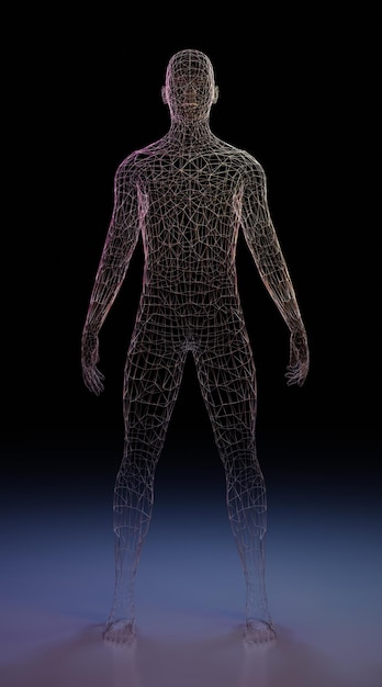 Photo corps humain de l'homme en treillis métallique. rendu 3d de la scène futuriste de la recherche médicale.