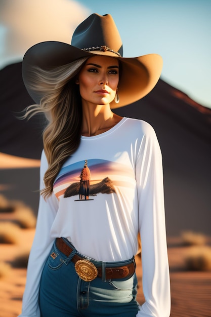 Corps plein de femme portant un chapeau de cow-boy image réaliste d'un t-shirt blanc à manches longues