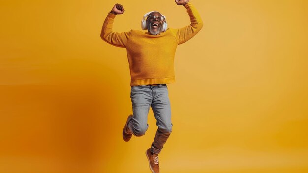 Photo corps plein d'un homme âgé afro-américain joyeux dans des écouteurs souriant et sautant tout en écoutant de la musique sur un fond jaune