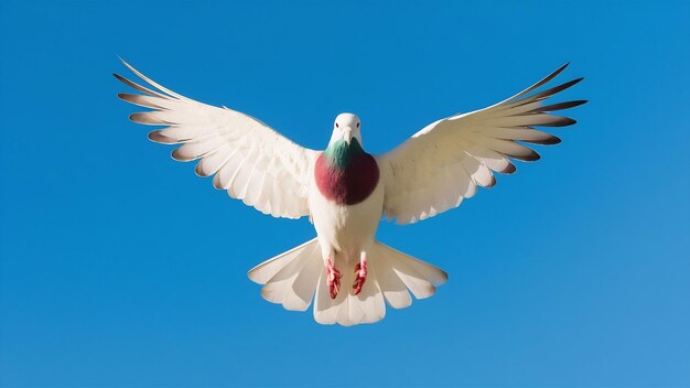 Un corps plein de plumes blanches, un pigeon volant contre un ciel bleu clair.