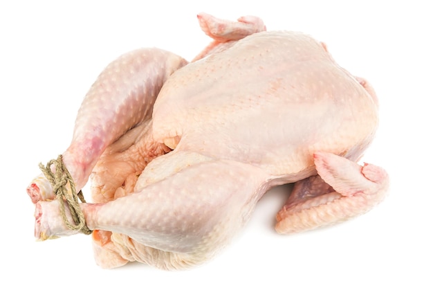 Corps de poulet cru sur fond blanc