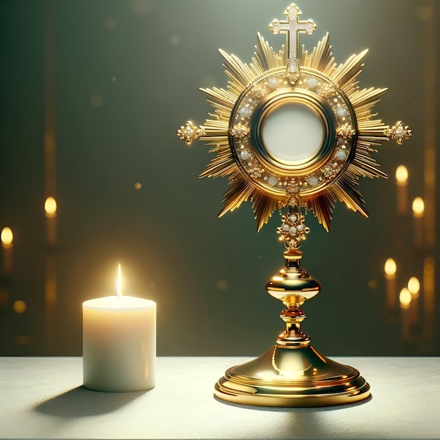 Corpus Christi à l'arrière-plan avec une monstrance dorée et une bougie brûlante