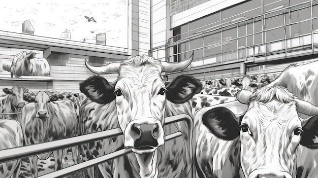 Corral avec des vaches Élevage et élevage de bétail Concept fantastique Peinture d'illustration