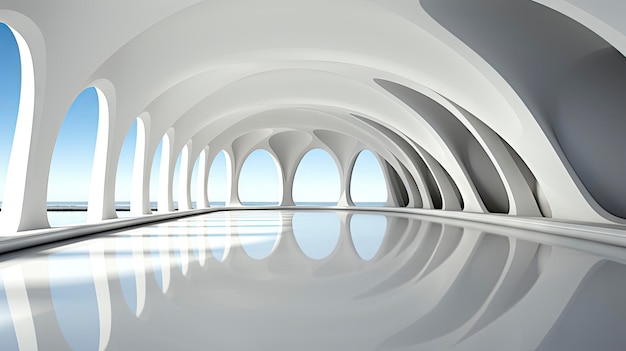 Corridor blanc futuriste avec des arches reflétant sur le sol brillant sphère minimaliste centrée dans un design intérieur spacieux et tranquille