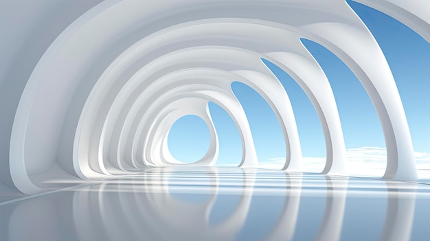 Corridor blanc futuriste avec des arches reflétant sur le sol brillant sphère minimaliste centrée dans un design intérieur spacieux et tranquille