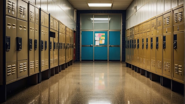 Corridor avec des casiers bleus dans une école