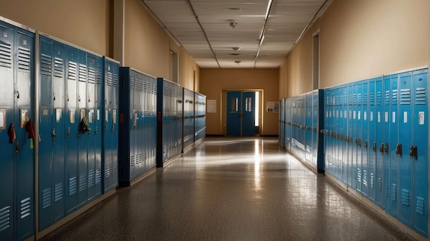 Corridor avec des casiers bleus dans une école