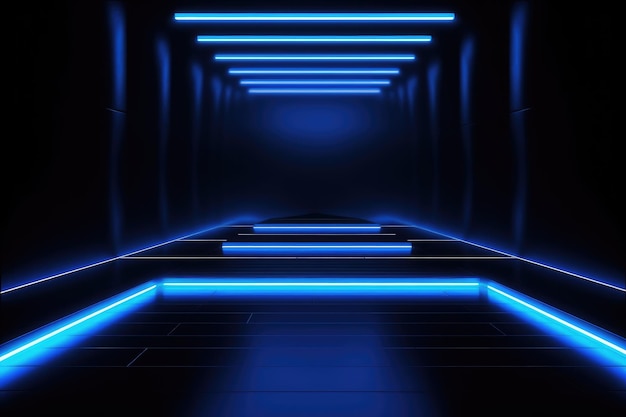 Corridor futuriste éclairé au néon bleu