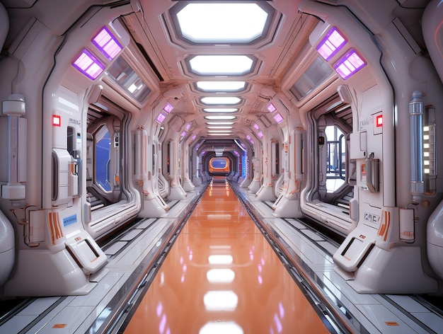 Photo corridor futuriste d'un vaisseau spatial avec des néons jaunes brillants