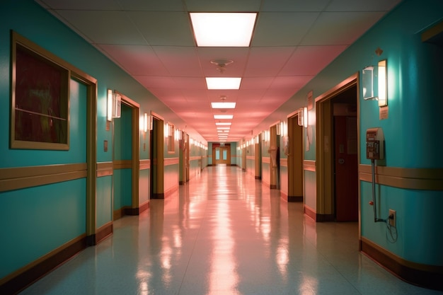 Corridor d'hôpital vide avec un éclairage lumineux créé avec l'AI générative