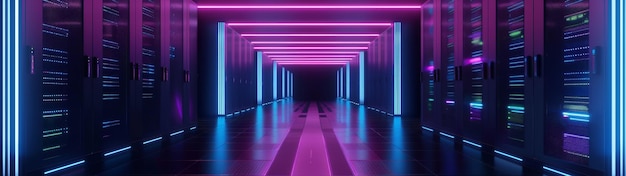 Corridor moderne du centre de données avec des serveurs lumineux dans une pièce sombre avec un éclairage au néon vibrant