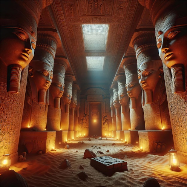 Corridor mystérieux à l'intérieur d'une pyramide dans l'ancienne Égypte éclairé par des torches allumées