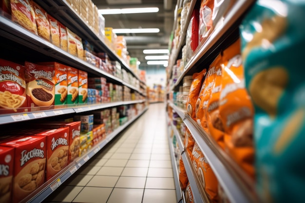 Corridor de supermarché avec des étagères pleines de divers produits alimentaires emballés