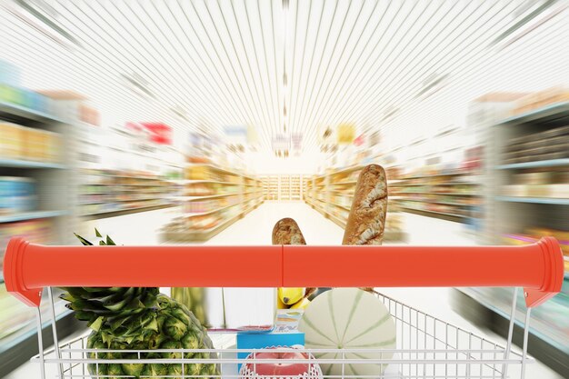 Corridor de supermarché avec panier d'achat rouge vide rendu d'illustration 3D