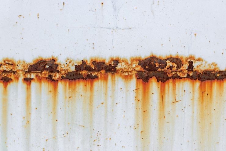 Photo corrosion du cordon de soudure avec des taches rouges sur une vieille feuille de métal blanc. fond abstrait
