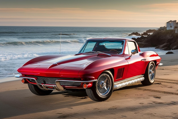 Une corvette rouge est garée sur la plage.