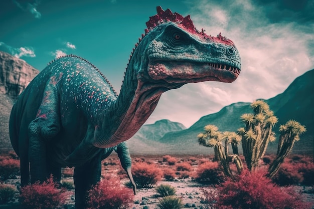 Photo corythosaurus dinosaure dangereux coloré dans une nature préhistorique luxuriante par generative ai