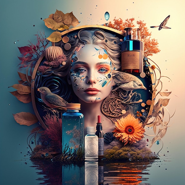 Cosmétiques féminins hypnotisants flottant sur l'eau avec des ondulations enchantés par une fée mystérieuse dans un cadre naturel embrassant la chaleur de la pluie de grain terme solaire image de stock de haute qualité disponible