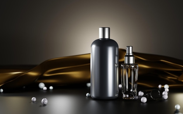 Cosmétiques de luxe pour hommes sur fond sombre avec tissu doré et perles Lotion de shampoing en bouteille noire et vaporisateur d'huile de parfum en verre ou sérum de barbe Paquet vide annonce illustration 3d maquette bannière