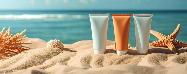 Cosmétiques sur la plage Concept de soins de la peau Crème de protection solaire sur la Plage