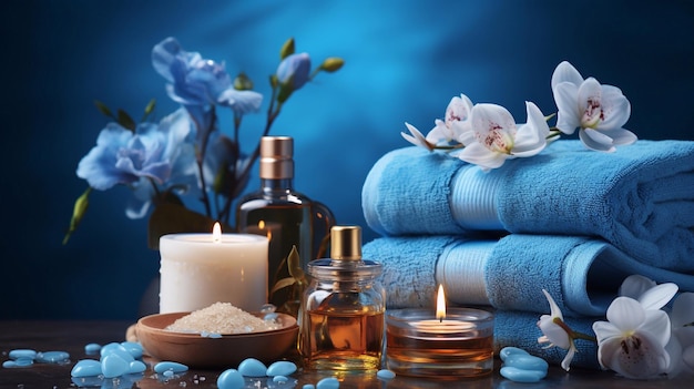 Cosmétiques pour les soins du corps Huiles de massage et serviettes avec bougies fleurs Fond bleu AI générative