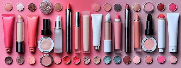 Cosmétiques et produits de maquillage sur fond rose