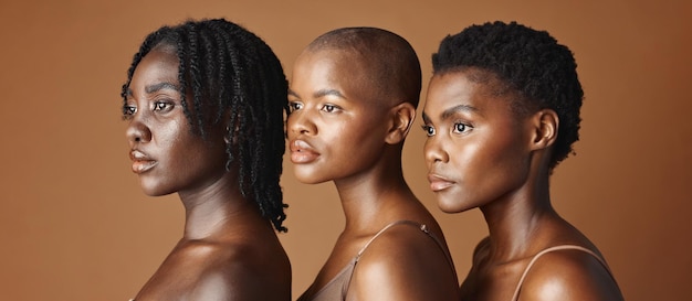 Cosmétiques de soin de la peau et jeunes femmes noires en studio avec une routine naturelle et faciale éclatante Cosmétique de bien-être et portrait d'amies africaines avec traitement de dermatologie sur fond brun