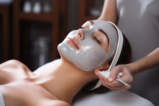 Le cosmétologue applique un masque facial à une femme dans un studio de spa Generative ai