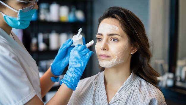 Cosmétologue nettoyant le visage d'une femme dans un salon de beauté