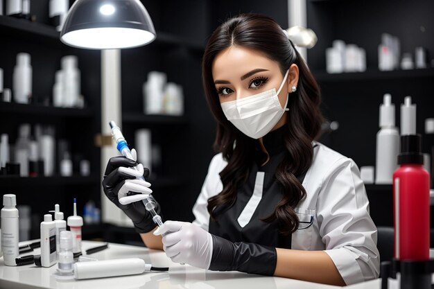 Photo cosmétologue portant des gants noirs, un masque facial et un uniforme blanc assis à la table pendant le processus de remplissage de la seringue avec du plasma d'un tube sanguin salon de beauté concept de traitement de beauté moderne