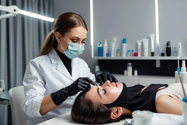 Cosmétologue portant des gants noirs, un masque facial et un uniforme blanc assis à la table pendant le processus de remplissage de la seringue avec du plasma d'un tube sanguin Salon de beauté Concept de traitement de beauté moderne