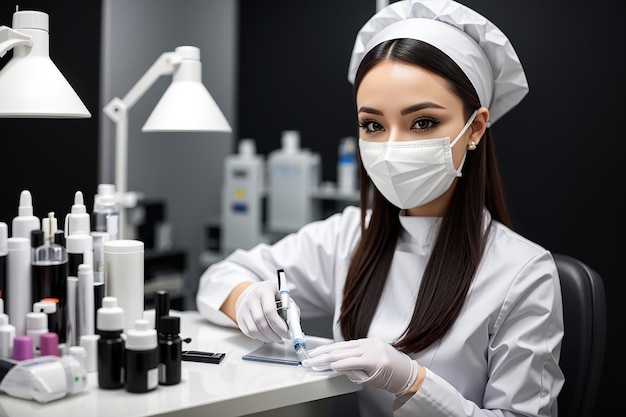 Photo cosmétologue portant des gants noirs, un masque facial et un uniforme blanc assis à la table pendant le processus de remplissage de la seringue avec du plasma d'un tube sanguin salon de beauté concept de traitement de beauté moderne