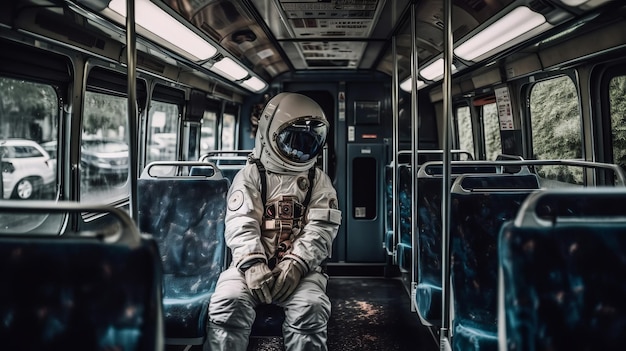 Le cosmonaute astronaute monte dans un bus Generative AI