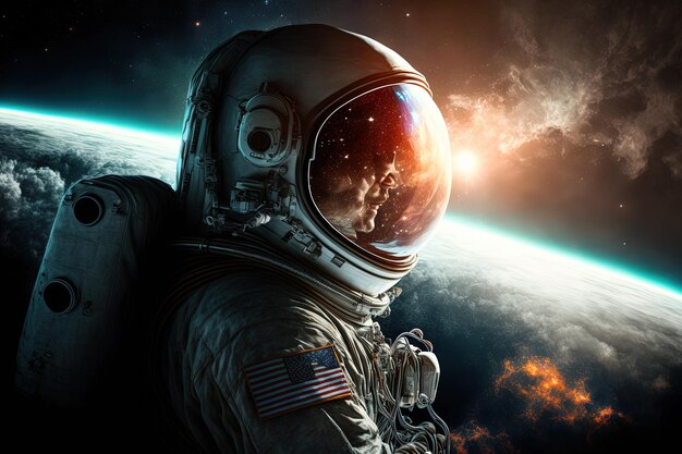 Cosmonaute attrayant dans l'espace sur un monde lointain