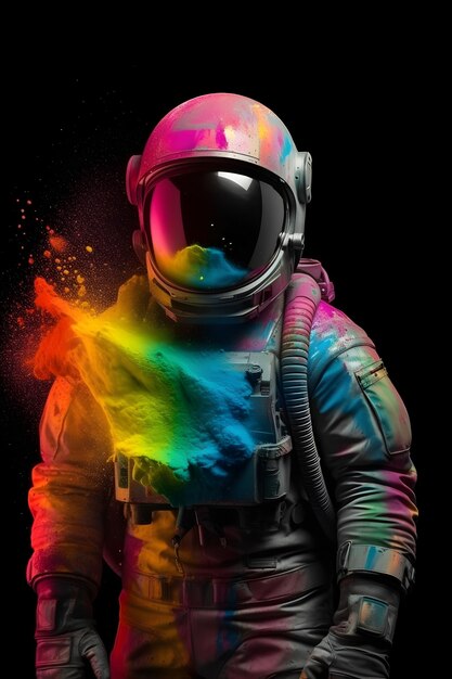 Cosmonaute devant les couleurs de l'arc-en-ciel explosion de poudre générative ai