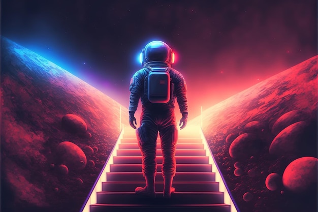 Le cosmonaute monte les escaliers Spaceman debout sur les escaliers futuristes et regardant la lumière à la fin Peinture d'illustration de style art numérique