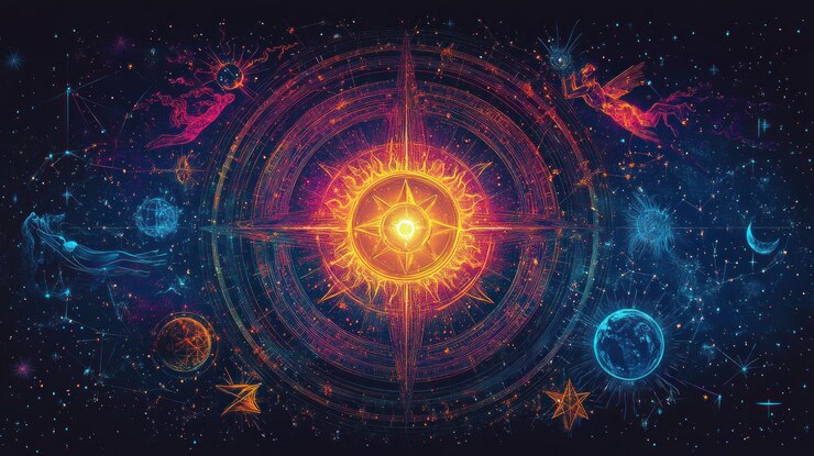 Photo cosmos céleste soleil rayonnant entités divines orbit