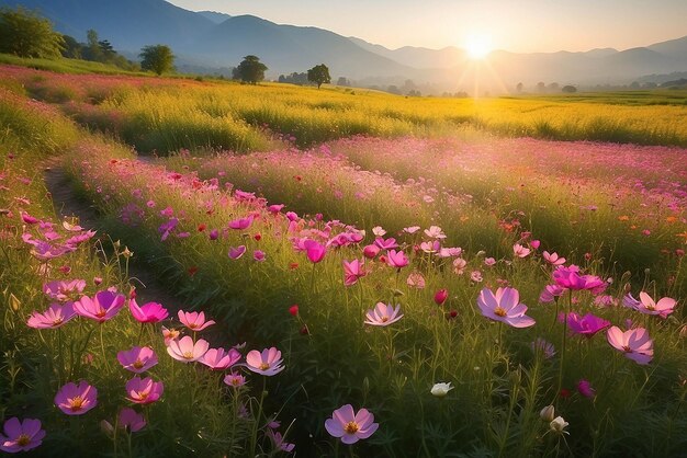 Le cosmos fleurit sous la lumière du soleil du matin