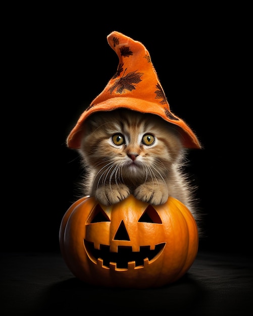 Photo cosplay de chat d'halloween avec jack o lantern