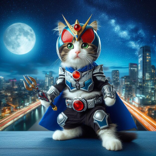 Photo le cosplay du chaton en tant que kamen rider ai illustrations d'animaux hyperréalistes anthropomorphes