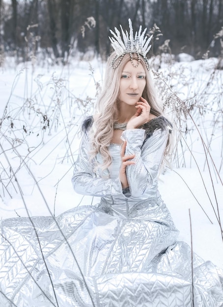 Photo cosplay de la reine des neiges dans le fond de la forêt d'hiver photo d'art